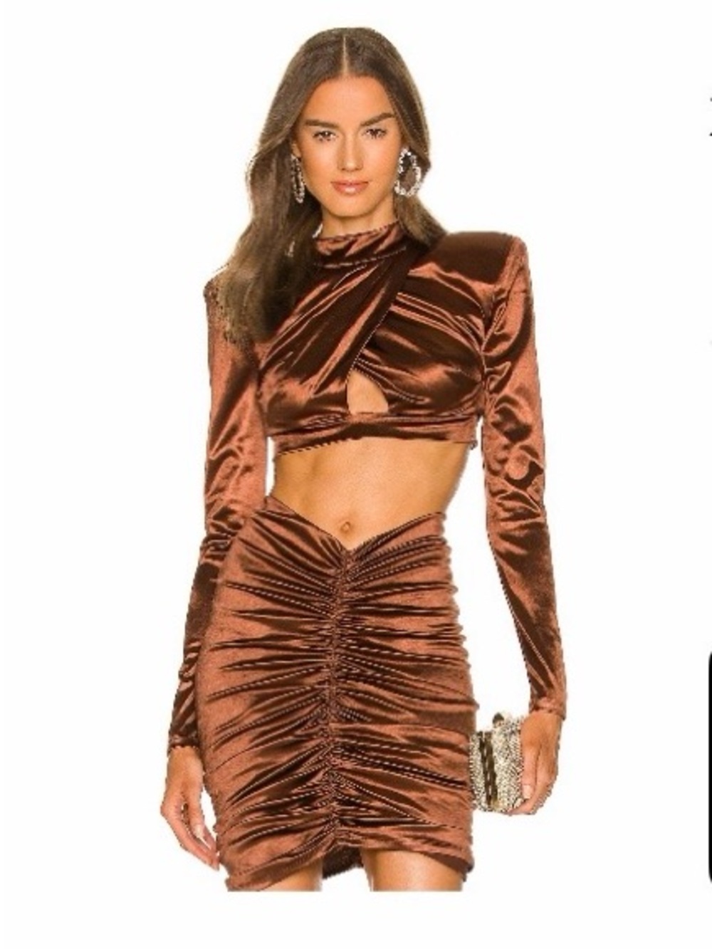 Michael Costello Chocolate Brown Satin Ruched Skirt Set